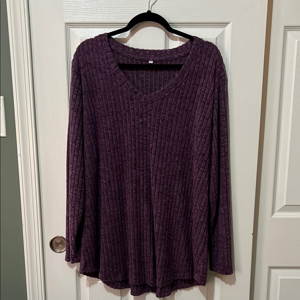 Purple Ribbed V-Neck Sweater